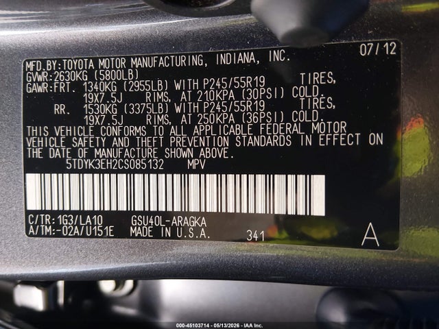 Aukcja sprzedaży 2012 Toyota Highlander Limited V6, vin: 5TDYK3EH2CS085132, numer aukcji: 45103714