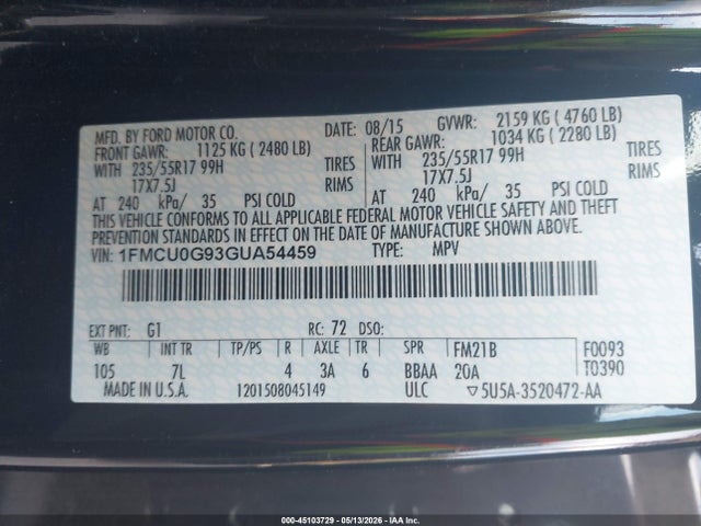 Продаж на аукціоні авто 2016 Ford Escape Se, vin: 1FMCU0G93GUA54459, номер лоту: 45103729