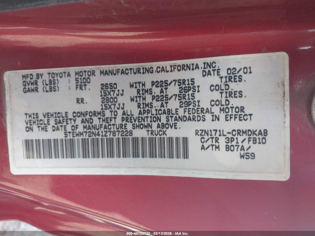 45103730 :رقم المزاد ، 5TEWM72N41Z787228 vin ، 2001 Toyota Tacoma مزاد بيع