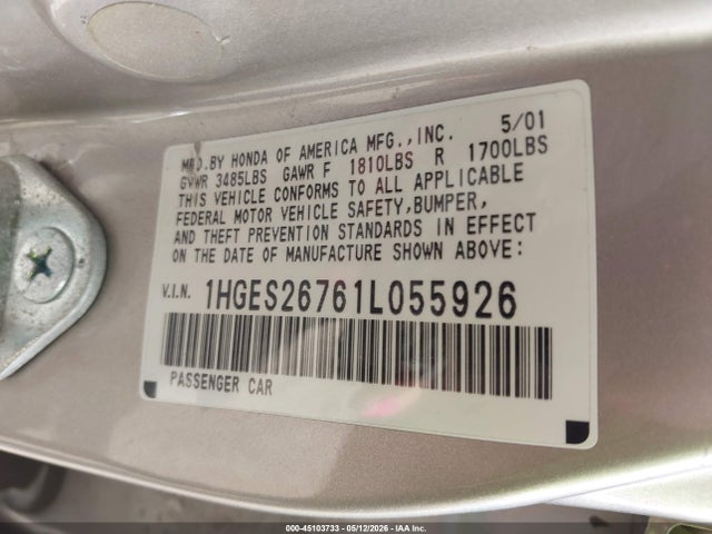 Auction sale of the 2001 Honda Civic Ex, vin: 1HGES26761L055926, lot number: 45103733