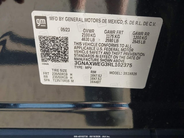 Продажа на аукционе авто 2024 Chevrolet Equinox Awd Rs, vin: 3GNAXWEG3RL102375, номер лота: 45103735
