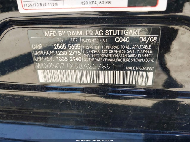Aukcja sprzedaży 2008 Mercedes-benz S 550, vin: WDDNG71X88A227891, numer aukcji: 45103748