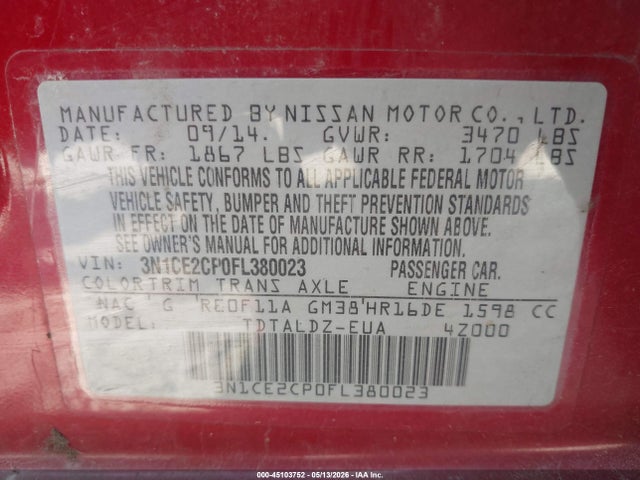 Aukcja sprzedaży 2015 Nissan Versa Note S (sr)/s Plus/sl/sr/sv, vin: 3N1CE2CP0FL380023, numer aukcji: 45103752