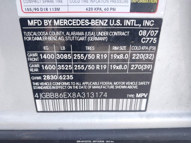 45103753 :رقم المزاد ، 4JGBB86EX8A313174 vin ، 2008 Mercedes-benz Ml 350 4matic مزاد بيع