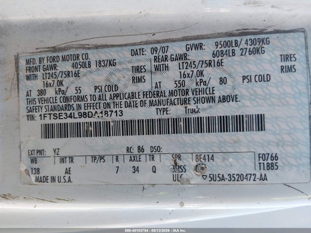 Продажа на аукционе авто 2008 Ford E-350 Super Duty Commercial/recreational, vin: 1FTSE34L98DA18713, номер лота: 45103754