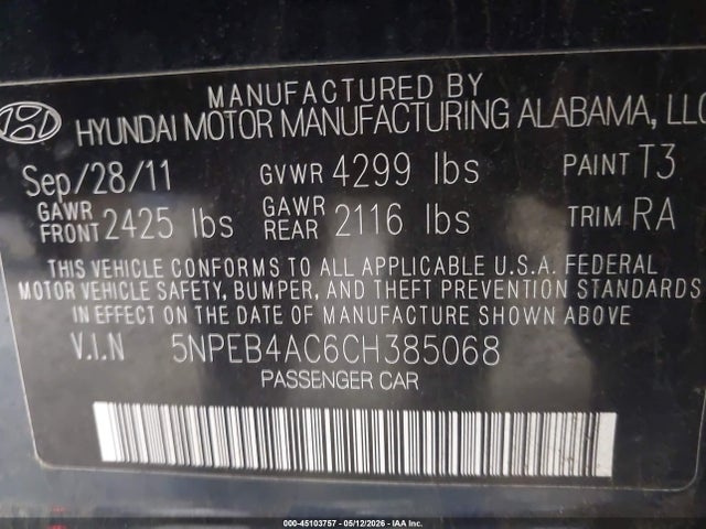 2012 Hyundai Sonata Gls მანქანა იყიდება აუქციონზე, vin: 5NPEB4AC6CH385068, აუქციონის ნომერი: 45103757