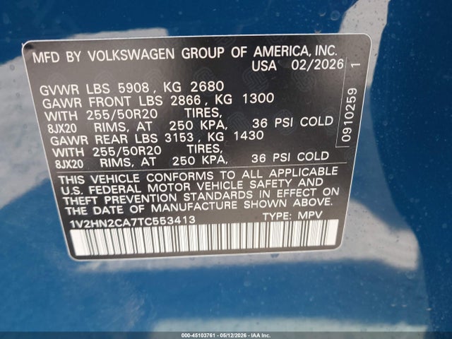 Aukcja sprzedaży 2026 Volkswagen Atlas Se With Technology, vin: 1V2HN2CA7TC553413, numer aukcji: 45103761