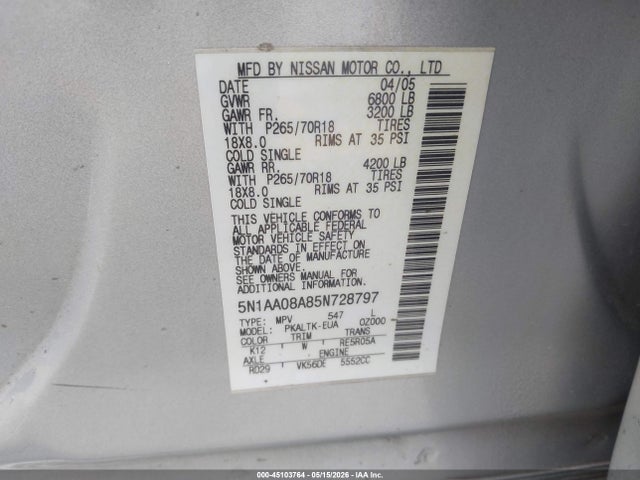 Продаж на аукціоні авто 2005 Nissan Armada Se, vin: 5N1AA08A85N728797, номер лоту: 45103764