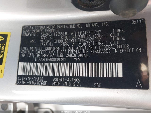 Auction sale of the 2013 Toyota Highlander Base Plus, vin: 5TDZA3EH4DS039391, lot number: 45103765