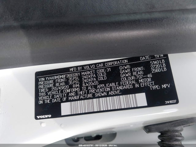 Aukcja sprzedaży 2015 Volvo Xc60 T6 Platinum, vin: YV449MDM8F2693261, numer aukcji: 45103781