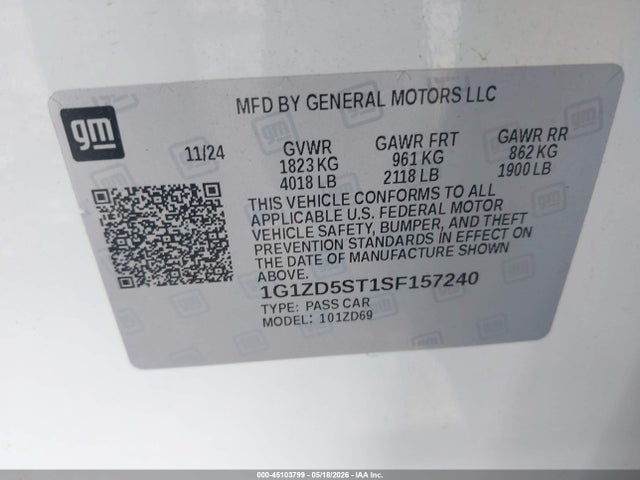 Продаж на аукціоні авто 2025 Chevrolet Malibu Fwd 1lt, vin: 1G1ZD5ST1SF157240, номер лоту: 45103799