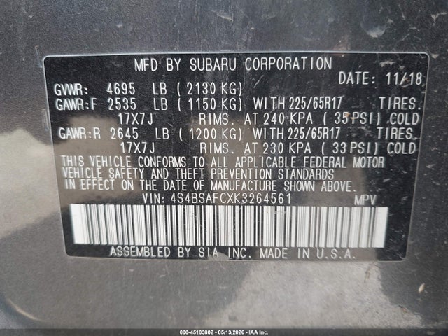 45103802 :رقم المزاد ، 4S4BSAFCXK3264561 vin ، 2019 Subaru Outback 2.5i Premium مزاد بيع