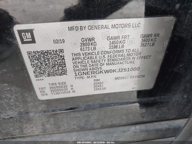 Продаж на аукціоні авто 2019 Chevrolet Traverse 1lt, vin: 1GNERGKW0KJ251000, номер лоту: 45103803