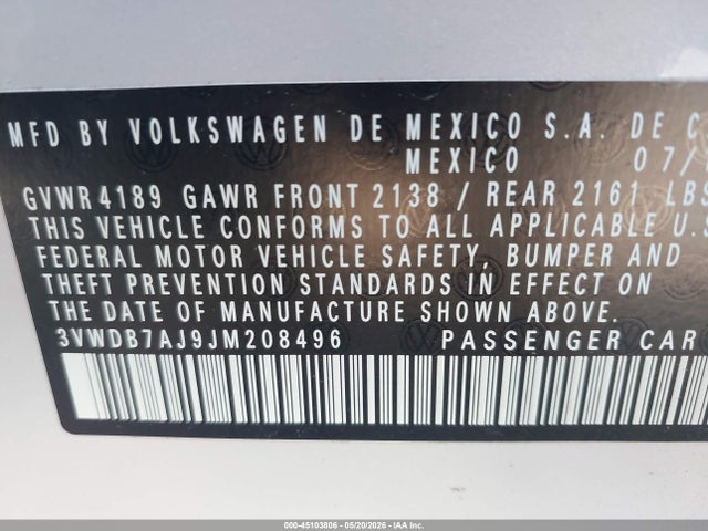 Продажа на аукционе авто 2018 Volkswagen Jetta 1.4t Se/1.4t Wolfsburg Edition, vin: 3VWDB7AJ9JM208496, номер лота: 45103806