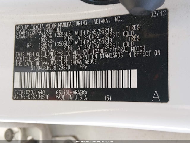45103813 :رقم المزاد ، 5TDDK3EH9CS129870 vin ، 2012 Toyota Highlander Limited V6 مزاد بيع