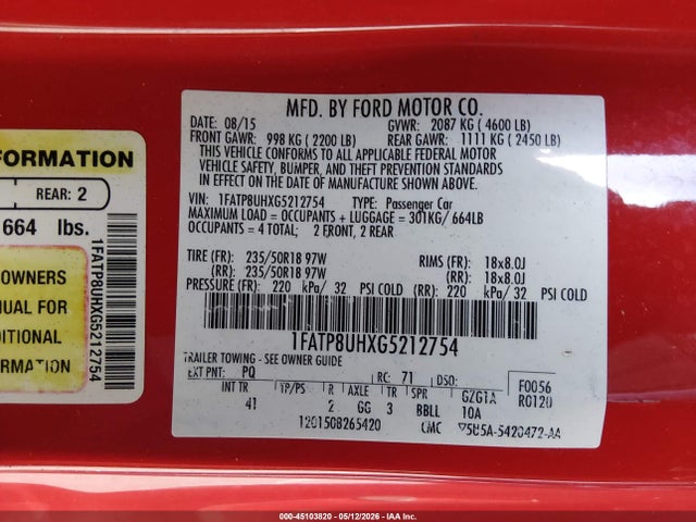 Продаж на аукціоні авто 2016 Ford Mustang Ecoboost Premium, vin: 1FATP8UHXG5212754, номер лоту: 45103820