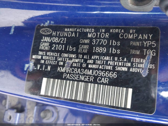 2021 Hyundai Venue Sel მანქანა იყიდება აუქციონზე, vin: KMHRC8A34MU096666, აუქციონის ნომერი: 45103819