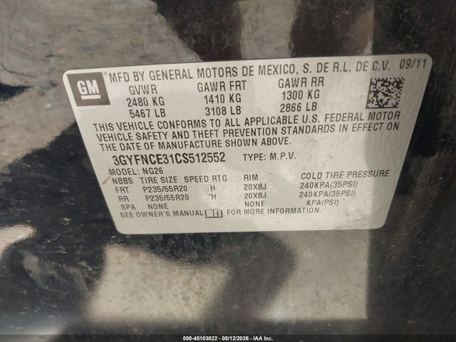 45103822 :رقم المزاد ، 3GYFNCE31CS512552 vin ، 2012 Cadillac Srx Premium Collection مزاد بيع