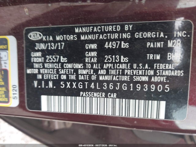 Aukcja sprzedaży 2018 Kia Optima Lx, vin: 5XXGT4L36JG193905, numer aukcji: 45103836
