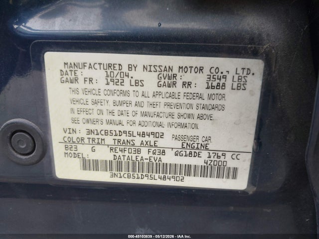 Продажа на аукционе авто 2005 Nissan Sentra 1.8/1.8s, vin: 3N1CB51D95L484902, номер лота: 45103839