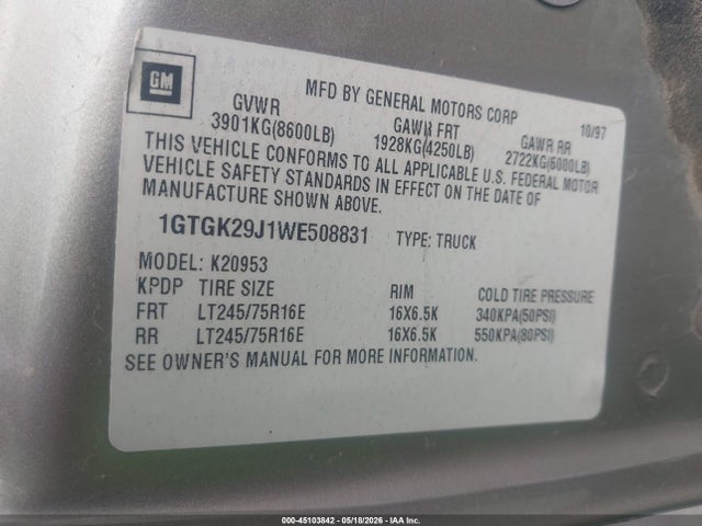 45103842 :رقم المزاد ، 1GTGK29J1WE508831 vin ، 1998 Gmc Sierra K2500 مزاد بيع