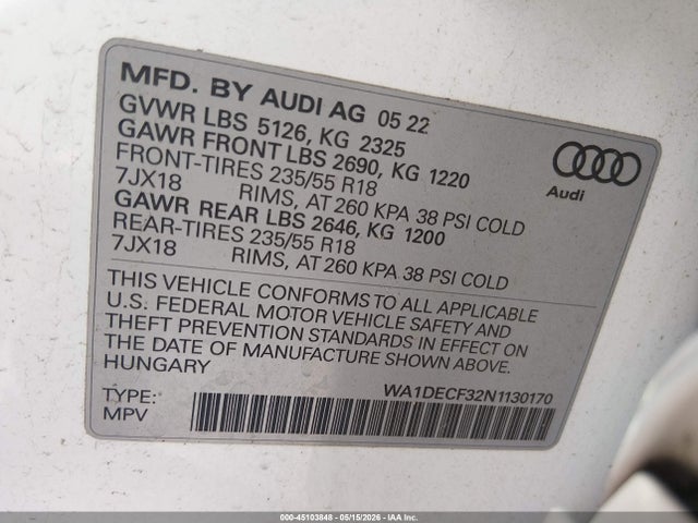45103848 :رقم المزاد ، WA1DECF32N1130170 vin ، 2022 Audi Q3 Premium 45 Tfsi S Line Quattro Tiptronic مزاد بيع