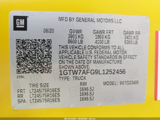 Продажа на аукционе авто 2020 Gmc Savana Cargo Rwd 2500 Regular Wheelbase Work Van, vin: 1GTW7AFG9L1252456, номер лота: 45103853