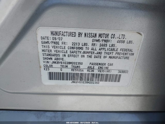 45103860 :رقم المزاد ، JNKBV61E28M202350 vin ، 2008 Infiniti G35 Journey مزاد بيع
