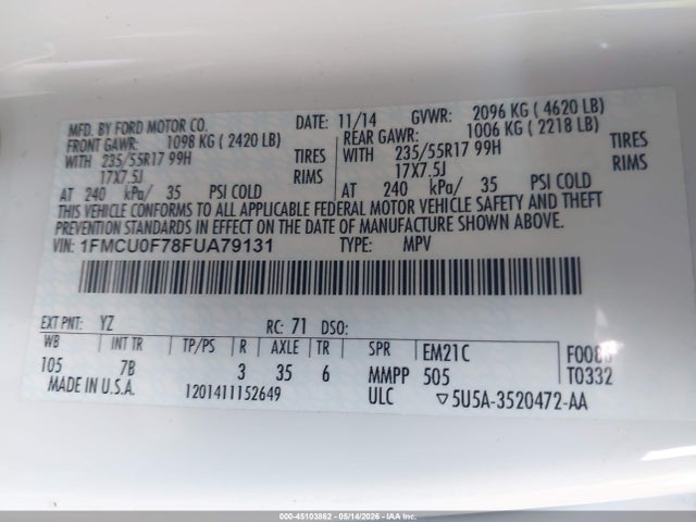 Ford ESCAPE S 2015 1FMCU0F78FUA79131 Image 9