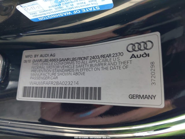 2011 Audi A5 2.0t Premium მანქანა იყიდება აუქციონზე, vin: WAUWFAFR2BA023214, აუქციონის ნომერი: 45103866