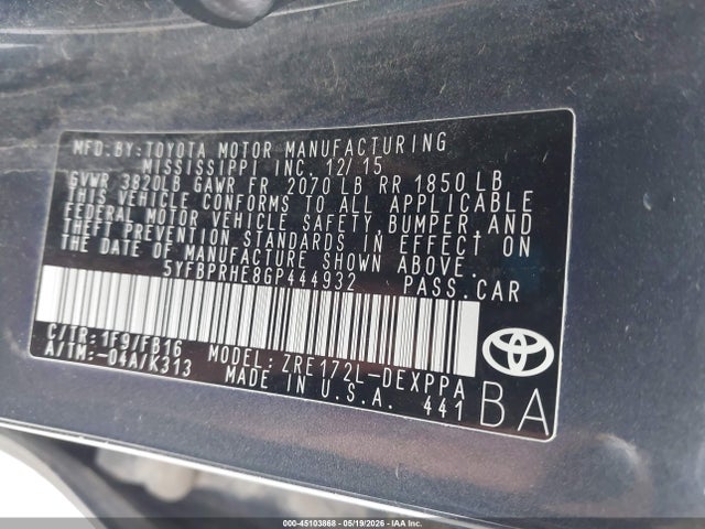 45103868 :رقم المزاد ، 5YFBPRHE8GP444932 vin ، 2016 Toyota Corolla Le Plus مزاد بيع