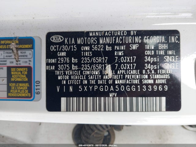 Продаж на аукціоні авто 2016 Kia Sorento 3.3l Lx, vin: 5XYPGDA50GG133969, номер лоту: 45103870