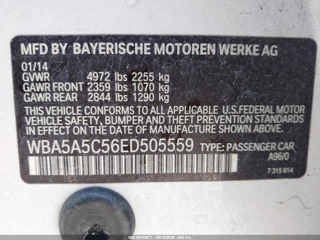 2014 Bmw 528i მანქანა იყიდება აუქციონზე, vin: WBA5A5C56ED505559, აუქციონის ნომერი: 45103871