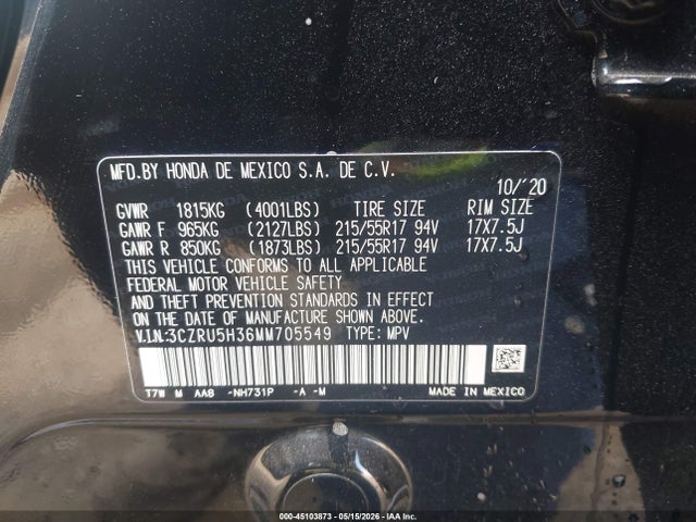 3CZRU5H36MM705549 Honda Hr-v 2wd Lx