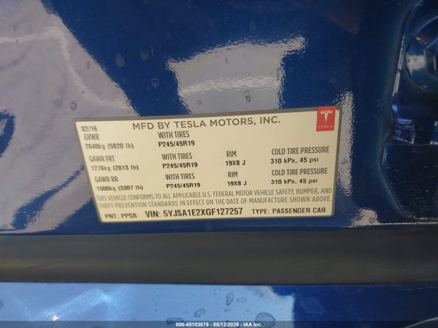 Продажа на аукционе авто 2016 Tesla Model S 60d/70d/75d/85d/90d, vin: 5YJSA1E2XGF127257, номер лота: 45103878