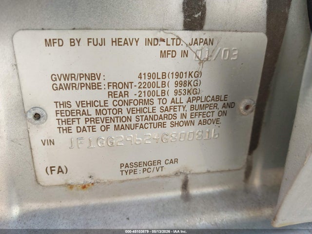 Продаж на аукціоні авто 2004 Subaru Impreza Wrx, vin: JF1GG29624G800816, номер лоту: 45103879