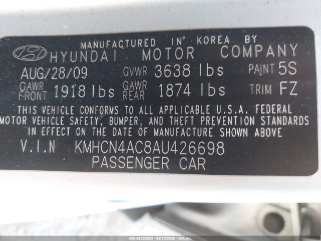 Aukcja sprzedaży 2010 Hyundai Accent Gls, vin: KMHCN4AC8AU426698, numer aukcji: 45103884