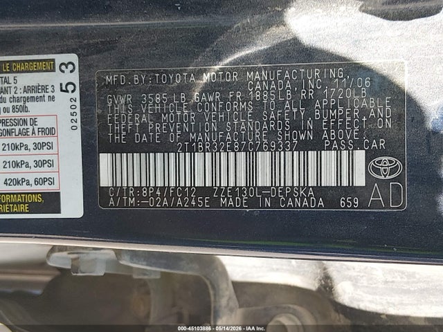 Продажа на аукционе авто 2007 Toyota Corolla S, vin: 2T1BR32E87C769337, номер лота: 45103886