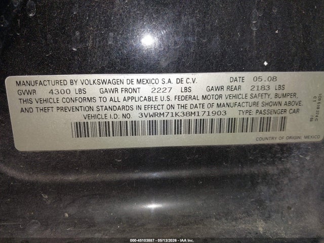 45103887 :رقم المزاد ، 3VWRM71K38M171903 vin ، 2008 Volkswagen Jetta Se/sel مزاد بيع