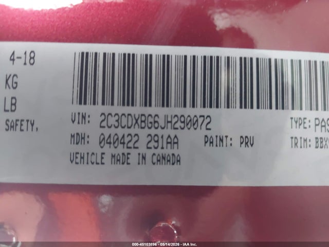 Aukcja sprzedaży 2018 Dodge Charger Sxt Rwd, vin: 2C3CDXBG6JH290072, numer aukcji: 45103896