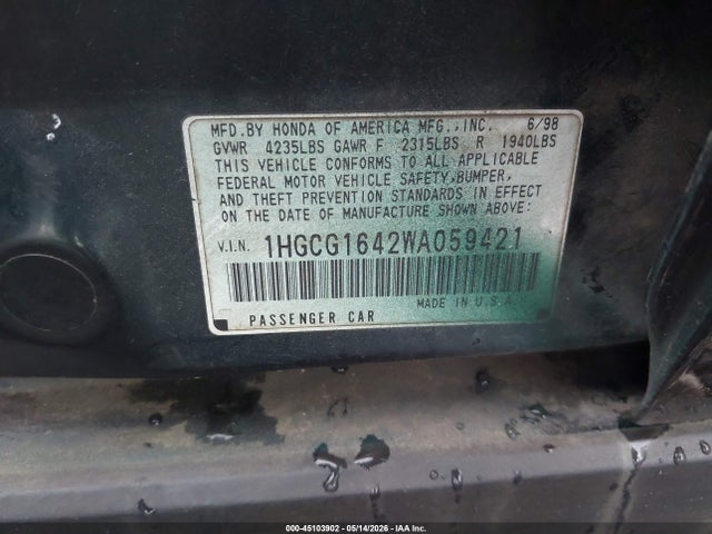 Aukcja sprzedaży 1998 Honda Accord Lx V6, vin: 1HGCG1642WA059421, numer aukcji: 45103902