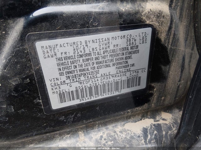 45103906 :رقم المزاد ، 3N1AB7AP9KY435792 vin ، 2019 Nissan Sentra Sv مزاد بيع