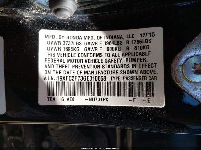 45103913 :رقم المزاد ، 19XFC2F73GE010668 vin ، 2016 Honda Civic Ex مزاد بيع