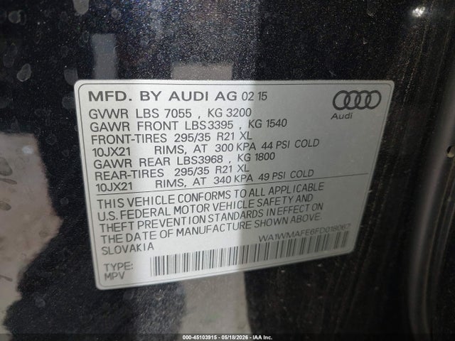 2015 Audi Q7 3.0 Tdi Premium მანქანა იყიდება აუქციონზე, vin: WA1WMAFE6FD018067, აუქციონის ნომერი: 45103915