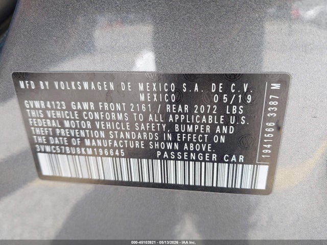 45103921 :رقم المزاد ، 3VWC57BU8KM196645 vin ، 2019 Volkswagen Jetta 1.4t R-line/1.4t S/1.4t Se مزاد بيع