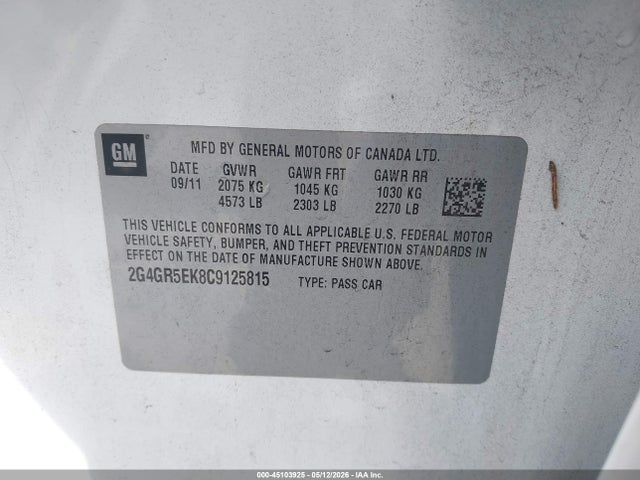 Aukcja sprzedaży 2012 Buick Regal, vin: 2G4GR5EK8C9125815, numer aukcji: 45103925