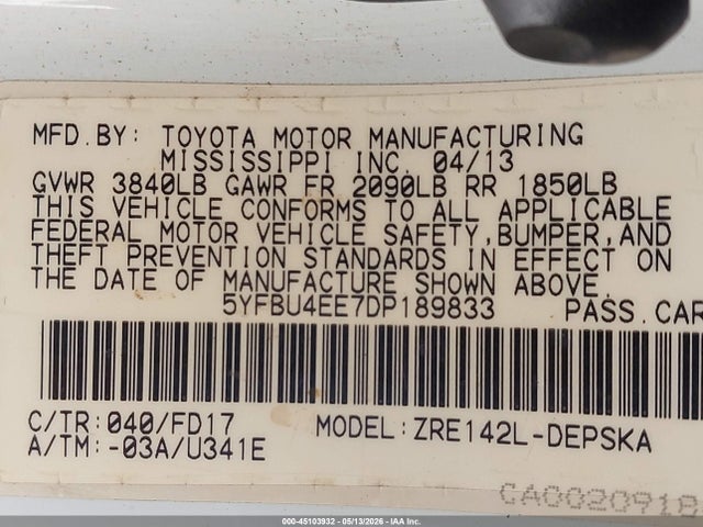45103932 :رقم المزاد ، 5YFBU4EE7DP189833 vin ، 2013 Toyota Corolla S مزاد بيع