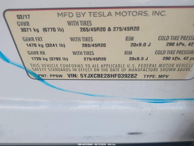 Aukcja sprzedaży 2017 Tesla Model X 100d/75d/90d, vin: 5YJXCBE28HF039282, numer aukcji: 45103946