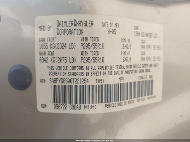 Aukcja sprzedaży 2006 Chrysler Pt Cruiser Limited, vin: 3A8FY68806T221294, numer aukcji: 45103948