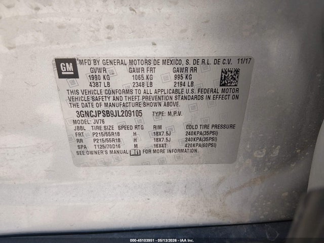 Продаж на аукціоні авто 2018 Chevrolet Trax Lt, vin: 3GNCJPSB9JL209105, номер лоту: 45103951